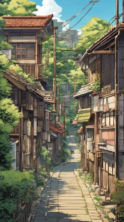 Retro anime representation of an old Japanese suburb during the summer.