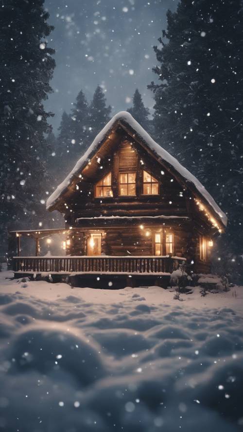 Snow gently falling on a rustic wooden cabin nestled in the woods, lights glowing warmly from the windows signaling a cozy Christmas Eve night.