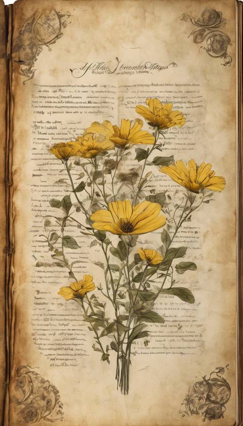 كتاب عتيق وممزق مفتوح يعرض صفحات صفراء مع رسوم توضيحية مرسومة باليد لأزهار