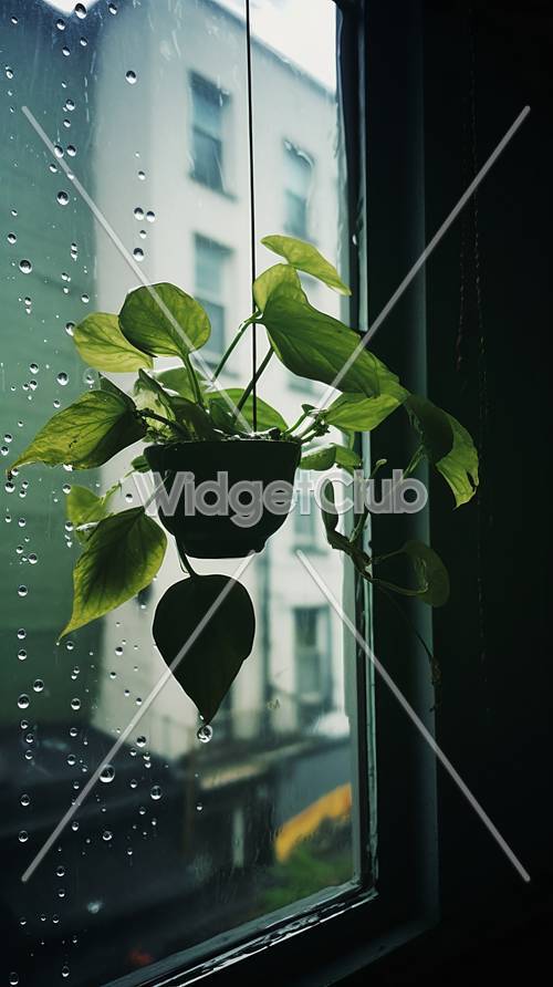 Foglie verdi di giornata piovosa sullo sfondo della finestra
