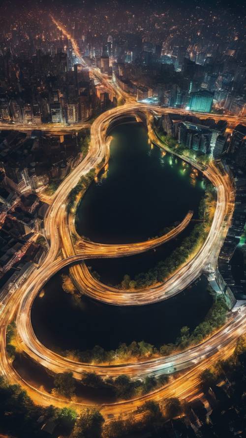 Top view of a winding river cutting through a city, city lights casting colourful reflections on the water at night.