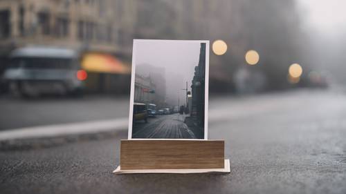 An isolated postcard stand with postcards featuring vintage emo bands on a foggy street.