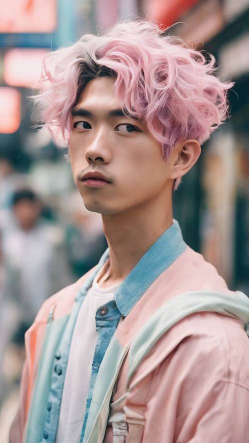 Японская уличная мода в стиле каваи с изображением молодого человека в пастельных тонах и с причудливой укладкой волос.