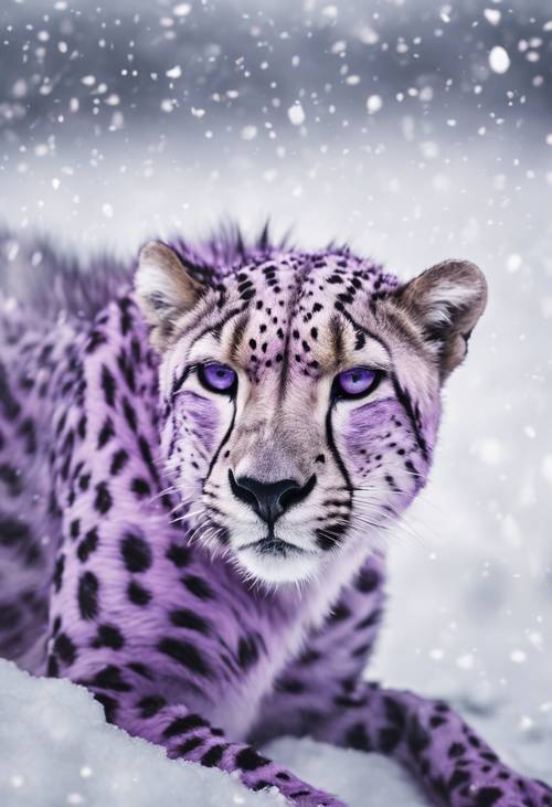 Audaci macchie viola di ghepardo sparse su un paesaggio bianco innevato.
