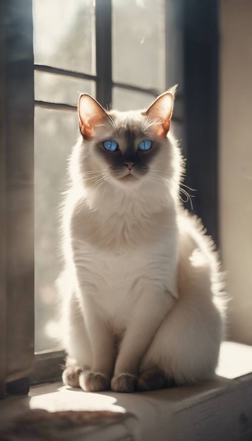 Un gatto siamese bianco seduto su un davanzale bagnato dalla luce del sole del mattino.