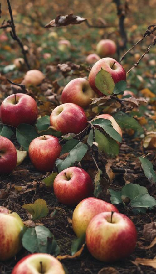 التفاح المتساقط من الأشجار في بستان ريفي خلال فصل الخريف.