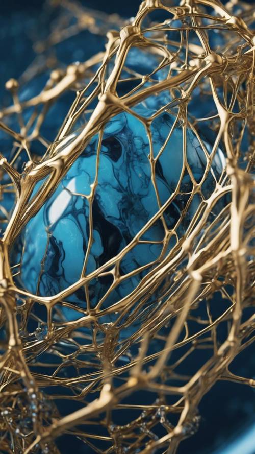 Một bức ảnh macro chụp một viên đá cẩm thạch màu xanh đại dương với mạng lưới vàng mỏng và phức tạp.