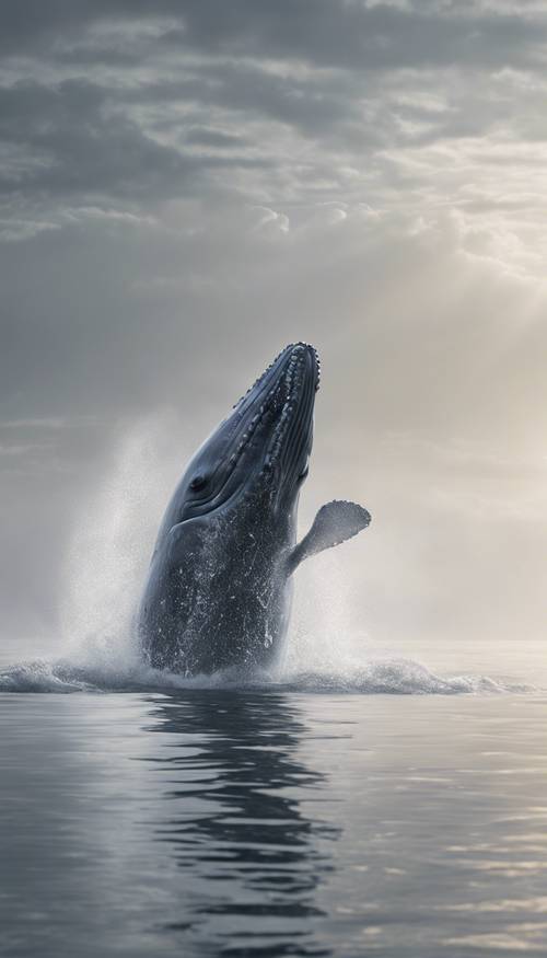 Szary wieloryb wynurzający się z powierzchni oceanu pod lekką mgłą.