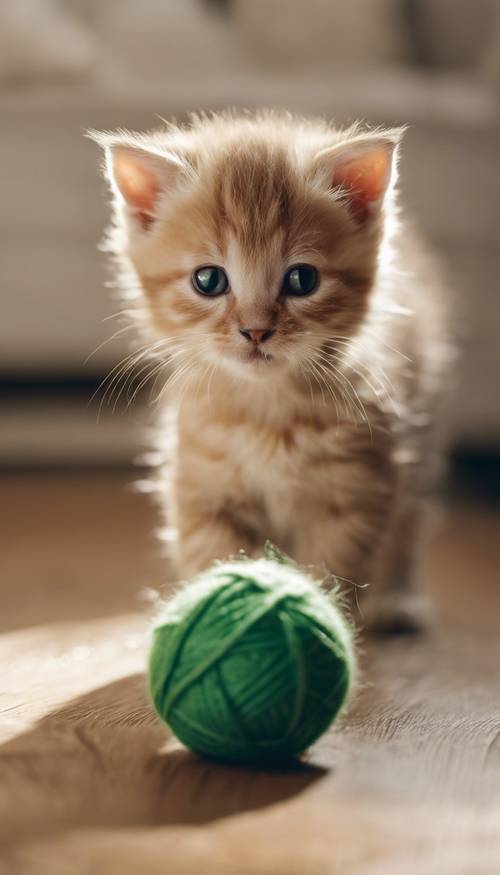 A beige kitten playing with a green ball of wool on a wooden floor.