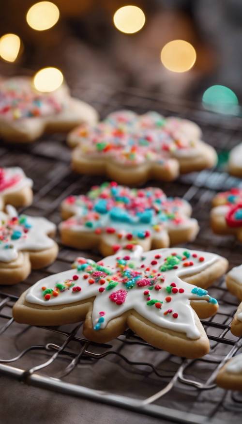 Galletas navideñas caseras recién salidas del horno, decoradas con glaseado de colores y chispitas, enfriándose sobre una rejilla en una cocina cálidamente iluminada. Fondo de pantalla [509d95ac06a94ceb91f6]