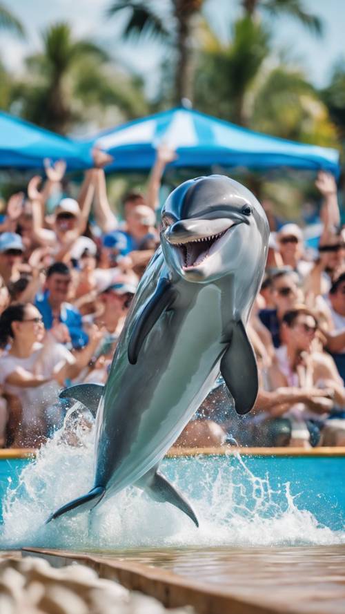 An athletic dolphin playing ball with a cheering audience, at a busy marine park during a weekend spectacle.