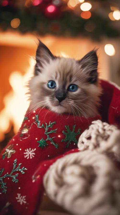 Un gattino Ragdoll rannicchiato all&#39;interno di una comoda calza di Natale appesa accanto al camino.