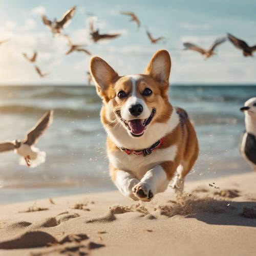 Güneşli bir kumsalda heyecanla martıları kovalayan sevimli ve enerjik bir corgi köpeği.