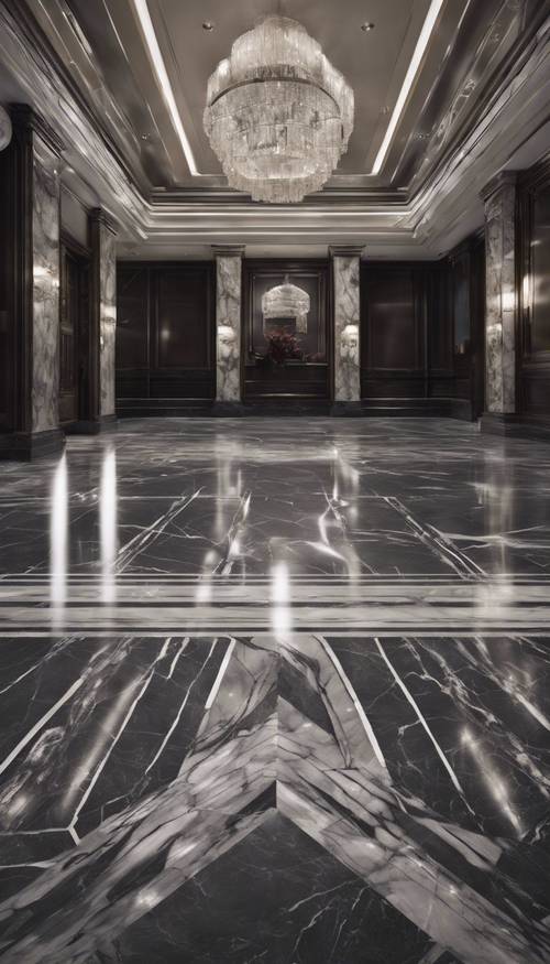 רצפת שיש אפורה כהה אלגנטית של אולם מפואר, עם דפוסי ורידים לבנים משתלבים.