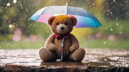 A teddy bear sitting with a tiny umbrella under a spring shower with a rainbow in the distance.