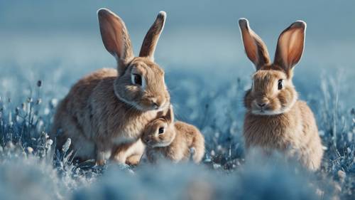 Uma família de coelhos explorando a imensa planície azul, uma tela da natureza em tons de azul.