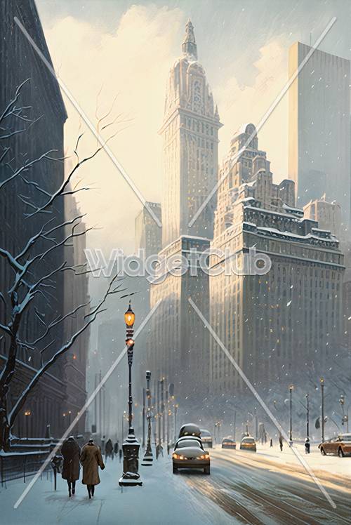 Уличная сцена заснеженного города с фонарным столбом и небоскребами