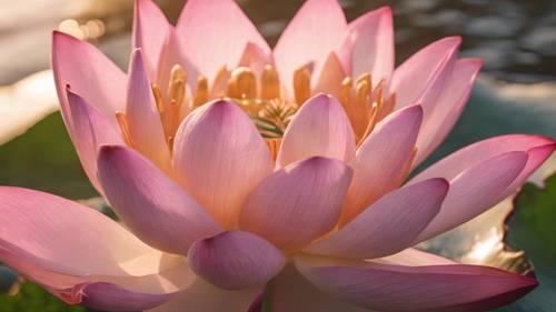 금빛 물빛을 배경으로 피어나는 분홍색 연꽃의 고요한 클로즈업 샷입니다.