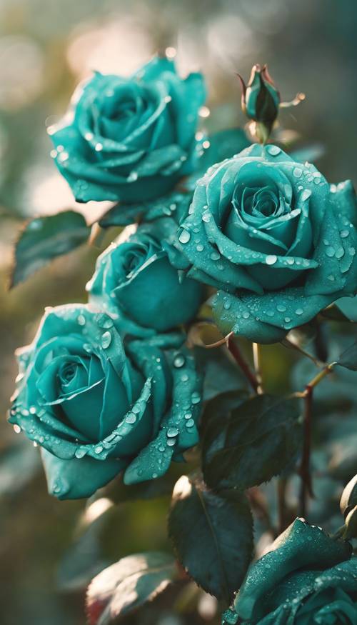 一群甘美的青色玫瑰，沾滿晨露。
