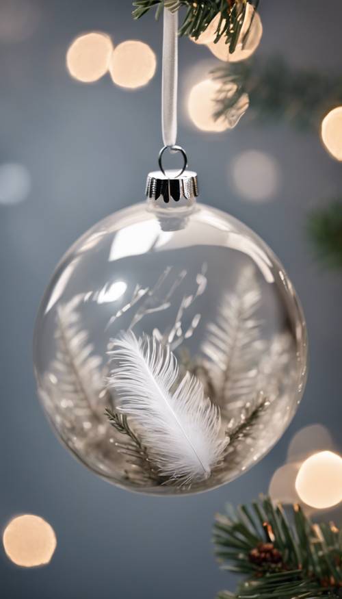 Un adorno de cristal lleno de pequeñas plumas blancas, colgado en un árbol de Navidad minimalista.