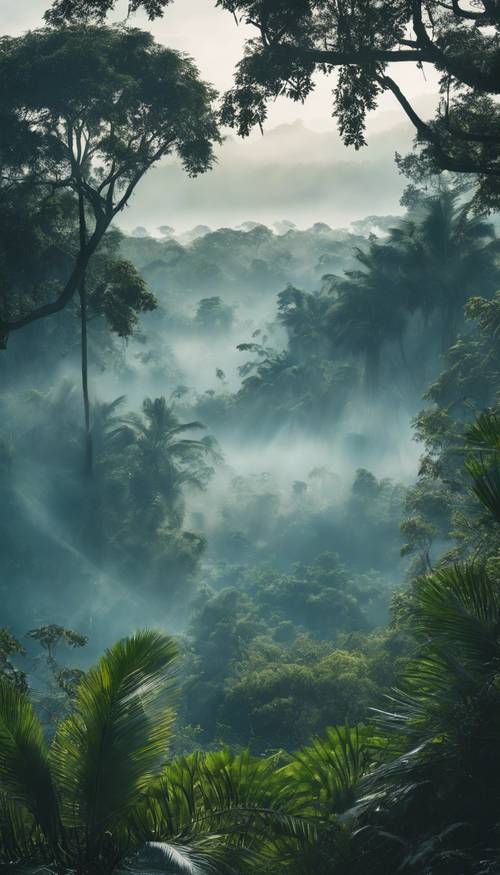 Pemandangan panorama hutan yang diselimuti kabut berwarna biru di bawah sinar matahari pagi yang sejuk.