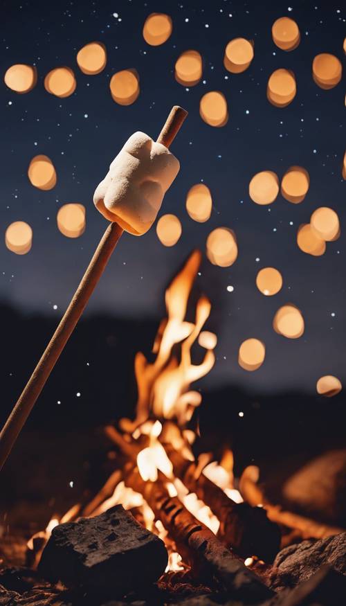 Burnt marshmallows on a stick over a rustic campfire, with a collection of tents in the background under the star-studded summer night sky.