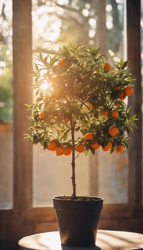 شجرة برتقال صغيرة في إناء، مضاءة بأشعة شمس الصباح.