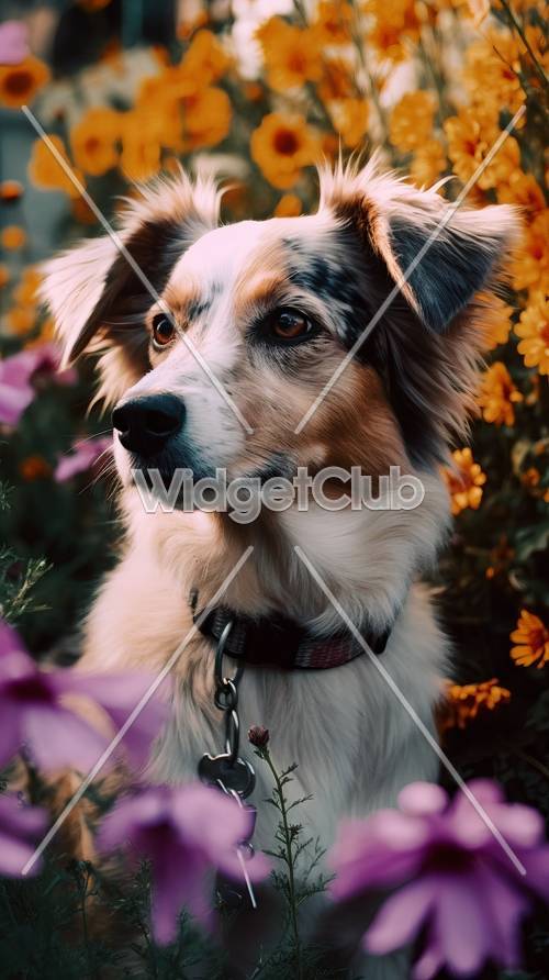 Piękny pies wśród pomarańczowych kwiatów