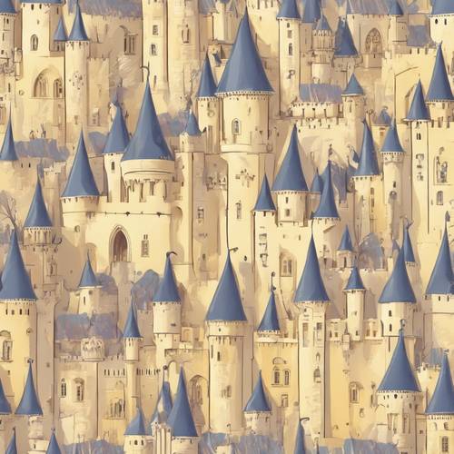 A charming pastel fairytale castle repeating pattern on pale yellow backdrop. Tapeta [9c631c464f1443c8ba4e]