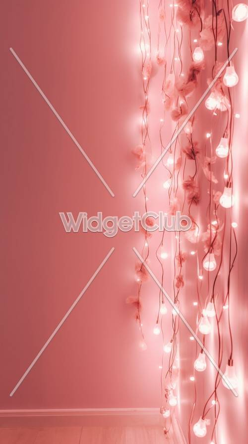 Decoración de luces y plumas rosas.