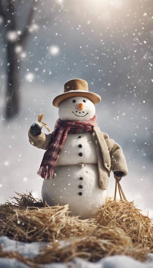 A quaint country snowman wearing farmer attire, with a hay filled bucket and a straw hat, surrounded by gently falling snowflakes.