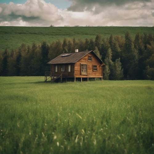 広い緑の草原にぽつんと立つ茶色の小屋の壁紙