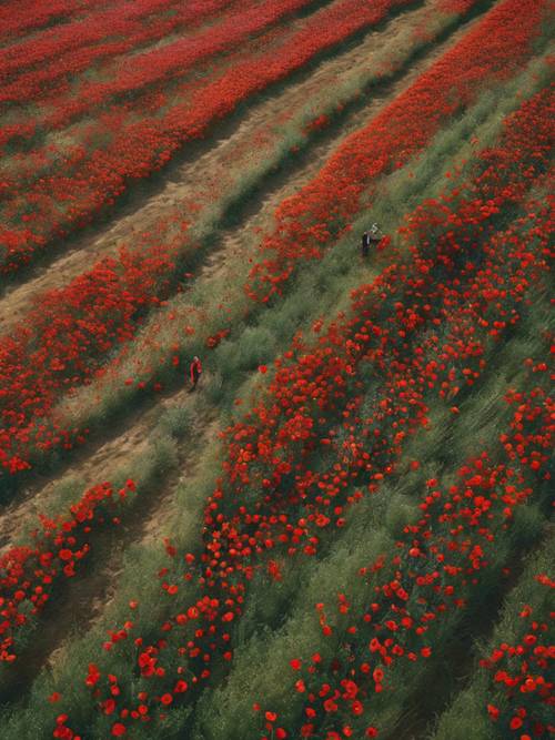 A sprawling patchwork landscape of poppy fields seen from above.