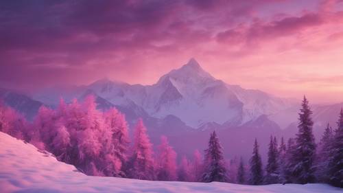 A blizzard in the mountains at dawn with pink and purple hues in the sky