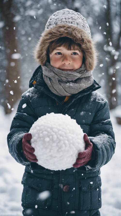 Menino embrulhado em roupas de inverno fazendo uma bola de neve gigante. Papel de parede [6e0718709b0646a0a073]