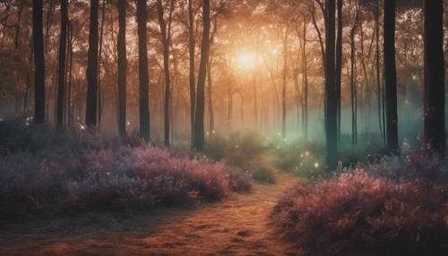 Una pintura estética sombría que muestra un bosque mágico desde el amanecer hasta el anochecer.