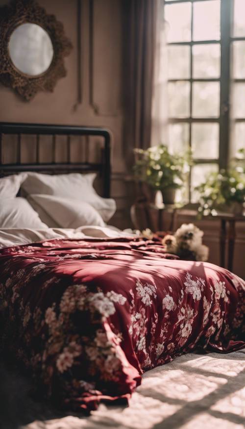 เตียงหรูหราประดับด้วยผ้าปูที่นอนลายดอกไม้เบอร์กันดีในเช้าวันที่อากาศสดใส