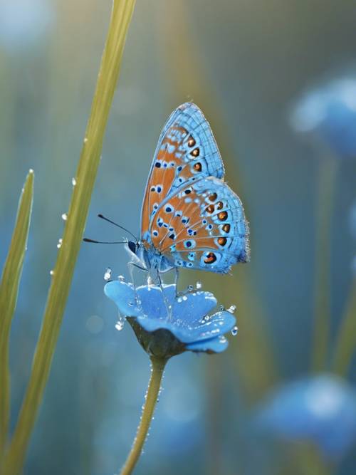 一只鲜艳的蓝色几何蝴蝶，停在清晨草地上一朵娇嫩的、沾满露珠的花蕾上。