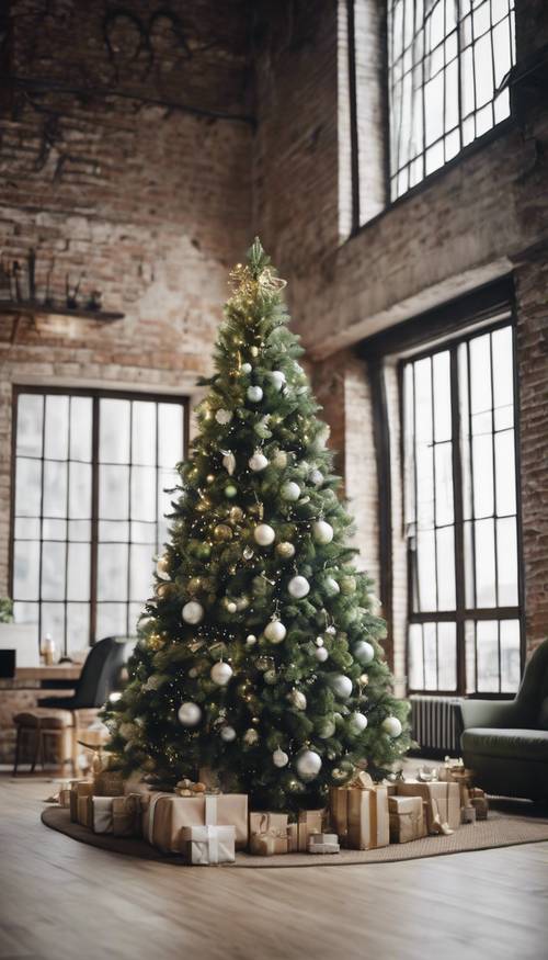 An elegant Christmas tree with green and white decorations in a luxury loft. Tapeet [0d867c19f45c4056b133]