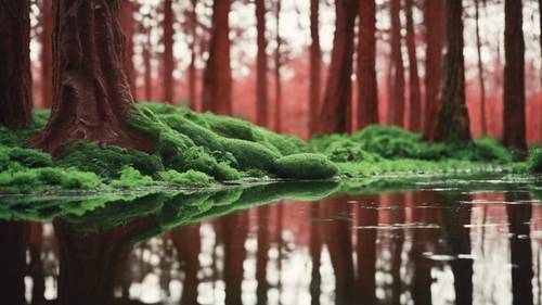 Pantulan hutan hijau subur pada permukaan kulit merah mengkilat.