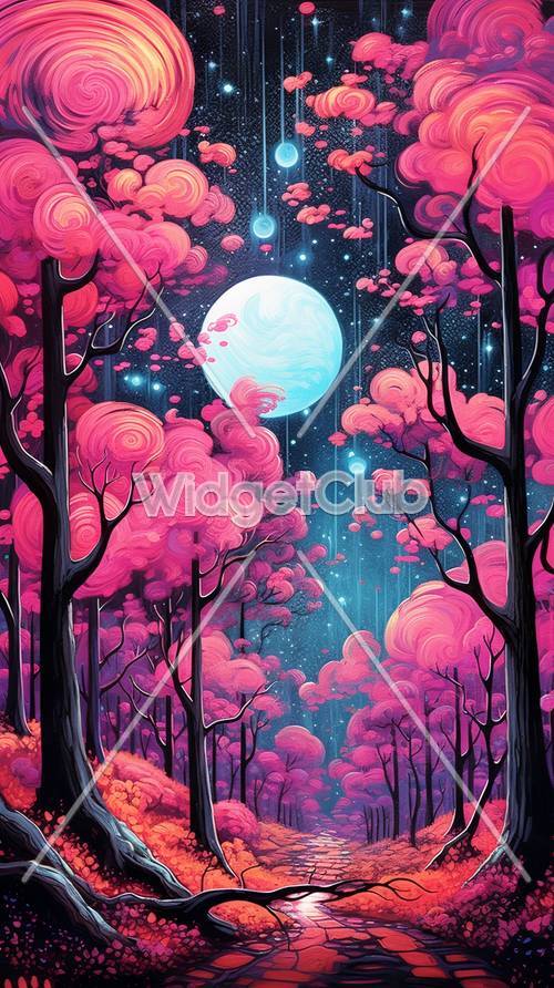 Magica foresta rosa sotto un cielo stellato