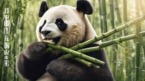 Ilustrasi seekor panda berbulu halus tengah mengunyah bambu dengan kutipan yang ditulis dengan huruf berbentuk bambu &#39;Hidup lebih baik dengan Panda.&#39;