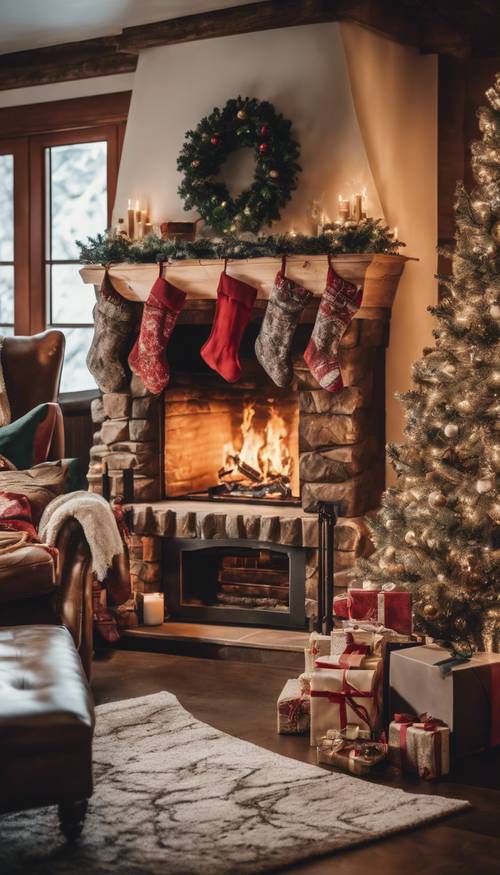 A cozy Western style living room with a roaring fireplace, a tall Christmas tree, and stockings hanging by the fire.
