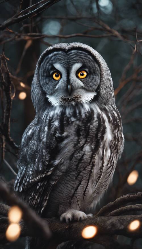 一隻神祕的灰貓頭鷹，眼睛閃爍著不祥的光芒，站在夜深人靜的黑暗森林裡。
