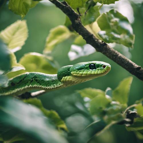 A green snake perfectly camouflaged among the leaves of an apple tree