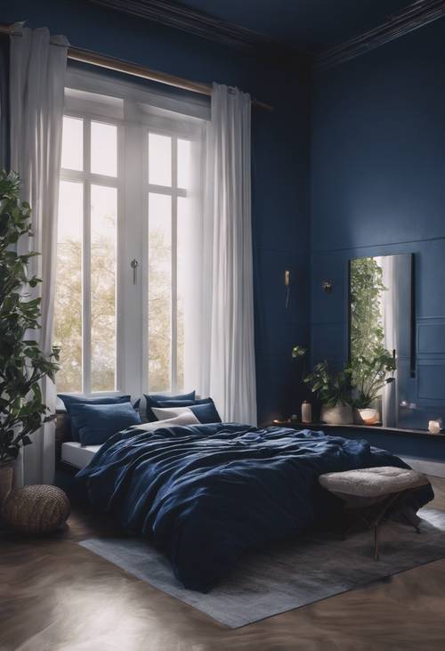 一間寧靜的臥室，牆壁漆成深藍色漸層。