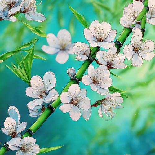 Lukisan gaya ukiyo-e Jepang berupa bunga sakura biru halus dengan latar belakang bambu hijau cerah.