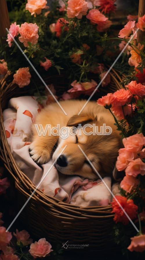 Çiçeklerle çevrili uykulu köpek yavrusu