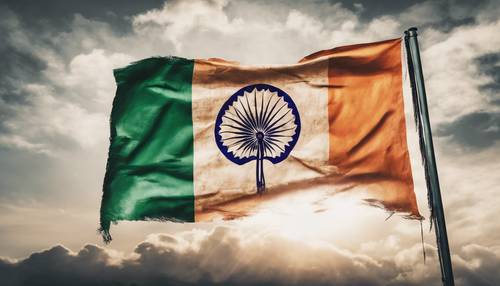 A vibrant Indian flag, painted with grunge strokes, fluttering against a monochrome sky.