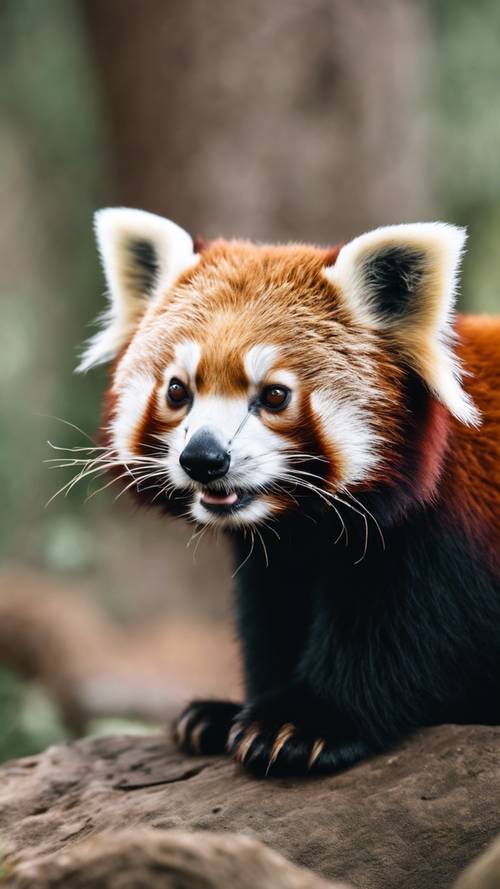 Un primo piano di un panda rosso che mostra il suo muso dettagliato e dispettoso.